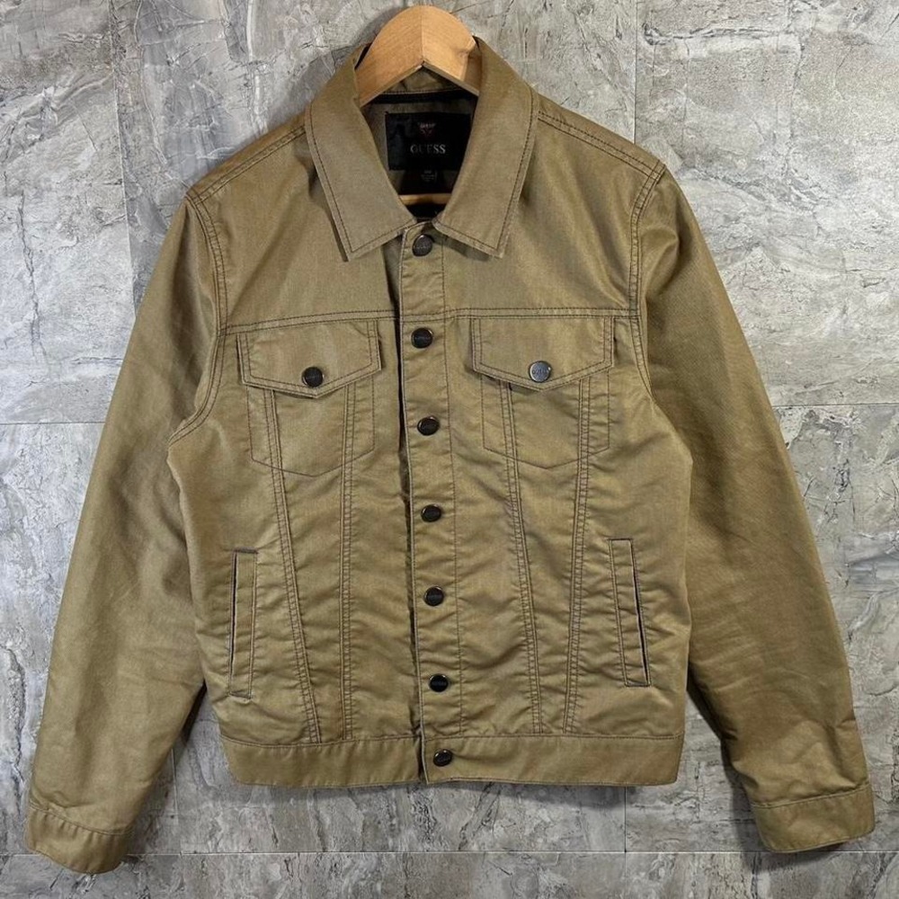 Guess denim‎ Jacket Khaki Brown Chore Barn Pocket Corduroy Trim Button Men SZ  M